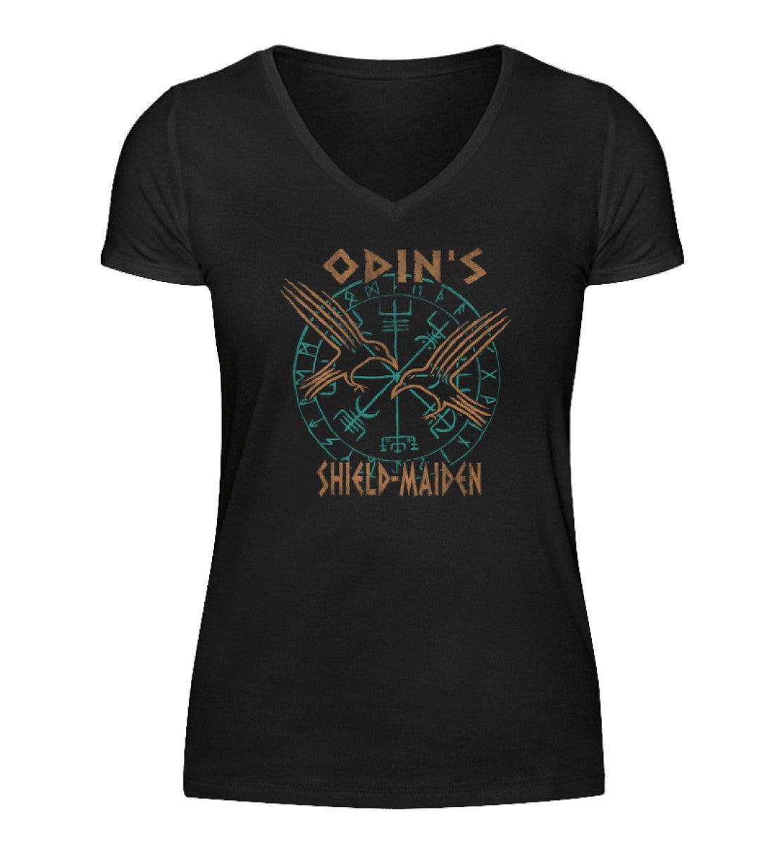 Odin's Shield-Maiden V-Neck: Stolzes Wikinger-Design mit Raben & Runenkreis - Nordic Viking Wear