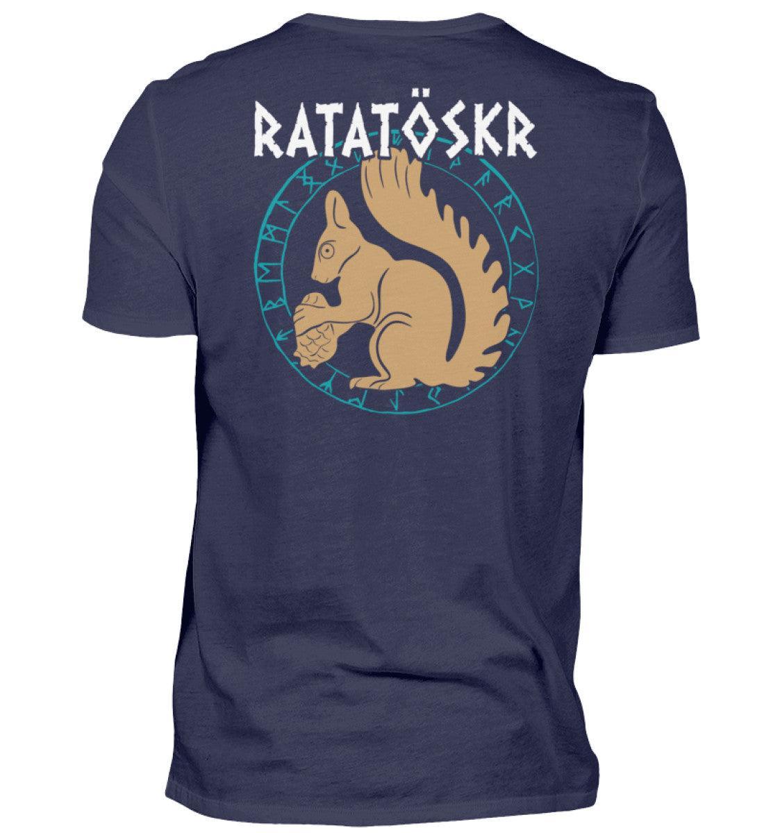 Premium Wikinger T-Shirt "RATATÖSKR" – Eichhörnchen-Design mit Runenkreis Backprint - Nordic Viking Wear