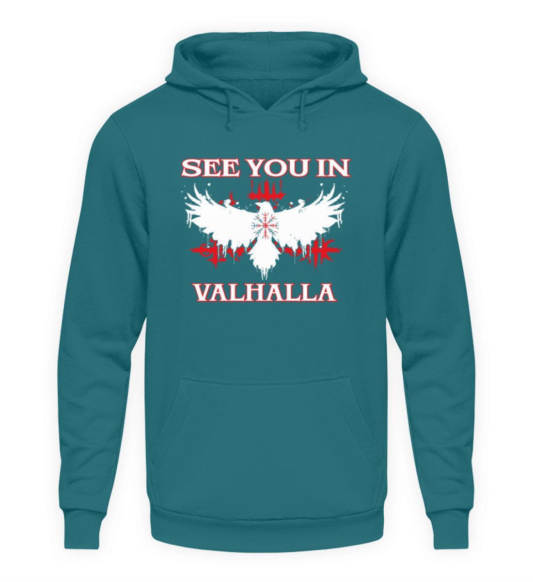 Wikinger Hoodie mit Helm Of Awe & Raben-Design - "See You In Valhalla" - Nordic Viking Wear