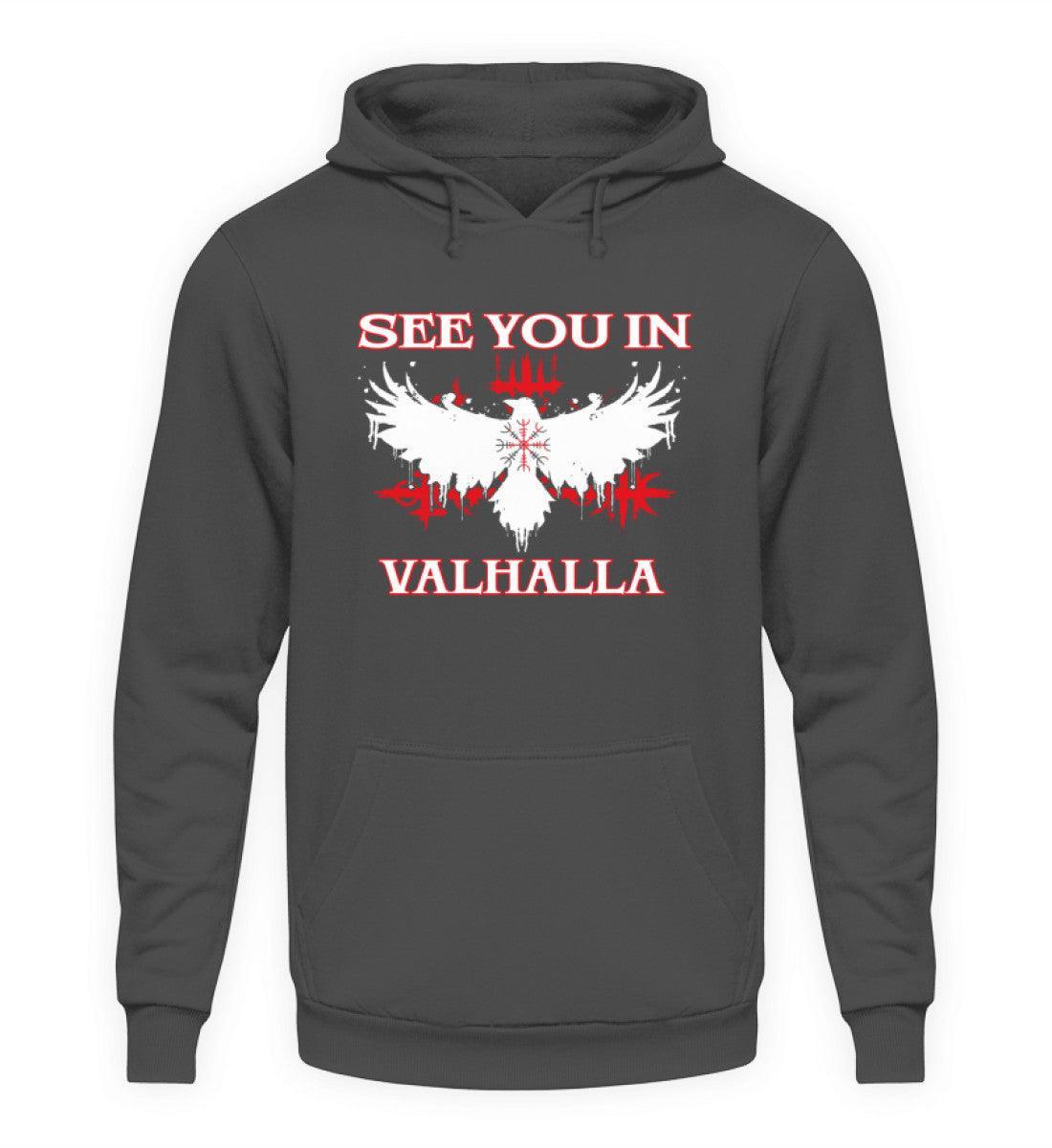 Wikinger Hoodie mit Helm Of Awe & Raben-Design - "See You In Valhalla" - Nordic Viking Wear