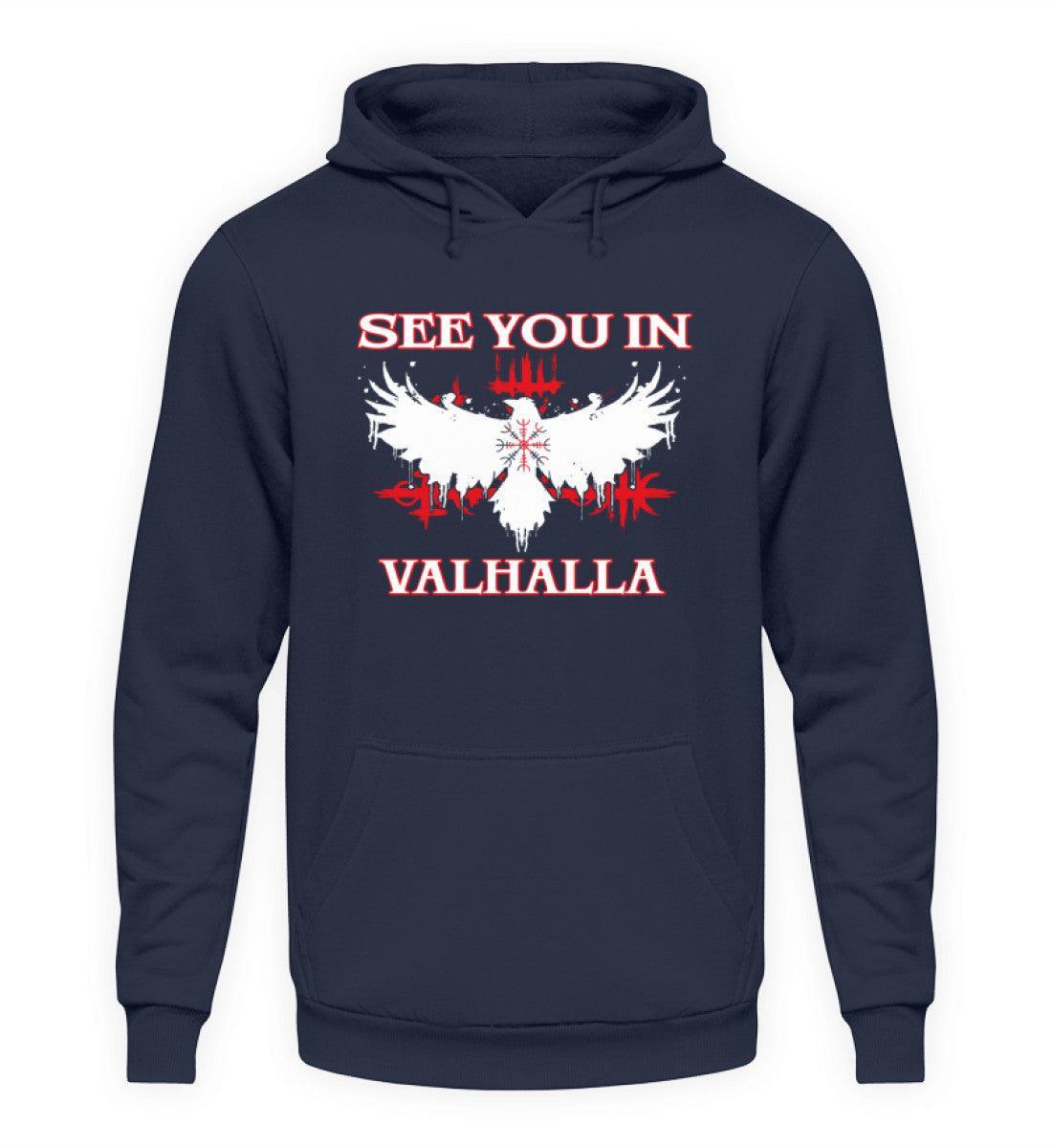 Wikinger Hoodie mit Helm Of Awe & Raben-Design - "See You In Valhalla" - Nordic Viking Wear