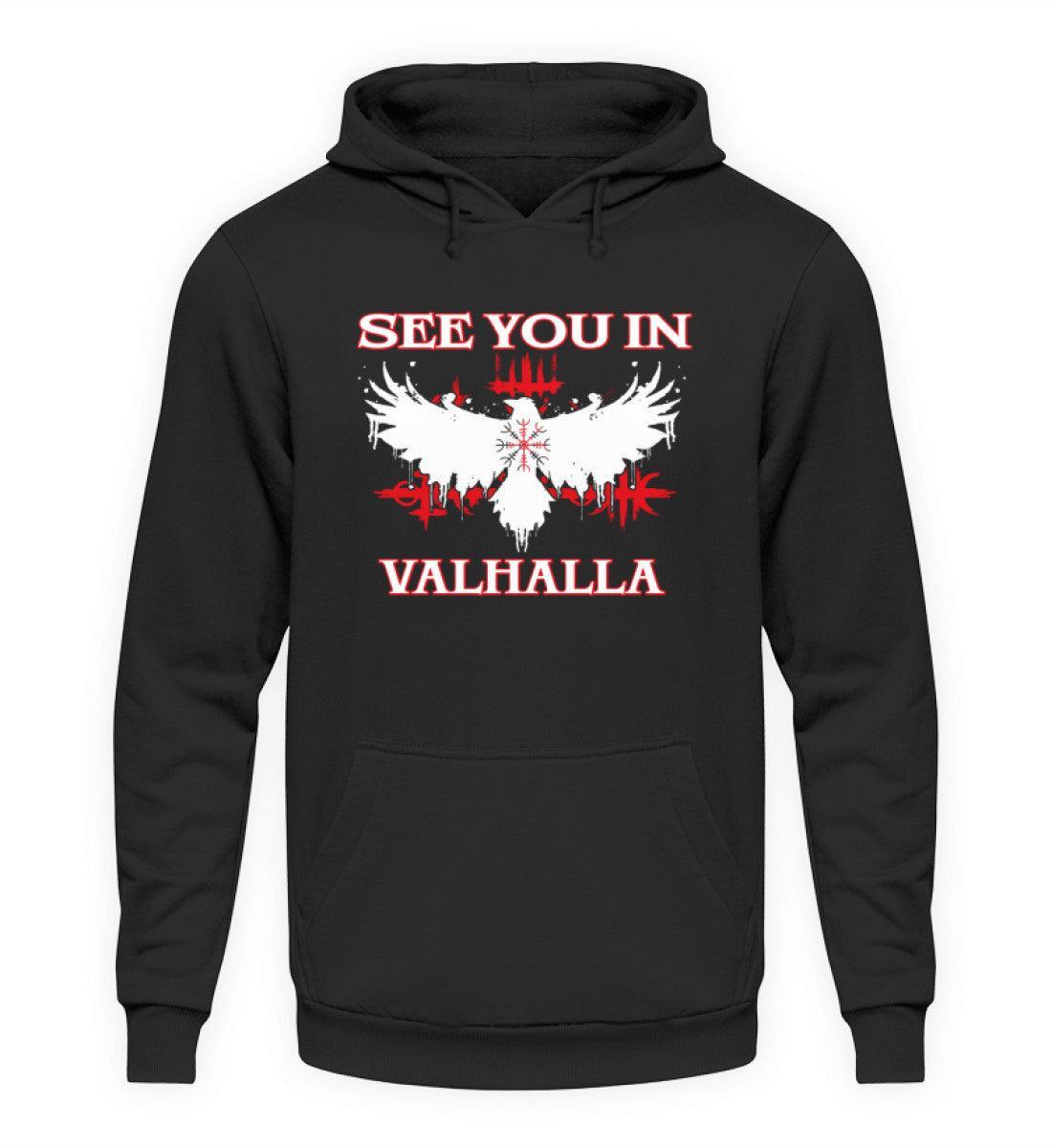 Wikinger Hoodie mit Helm Of Awe & Raben-Design - "See You In Valhalla" - Nordic Viking Wear
