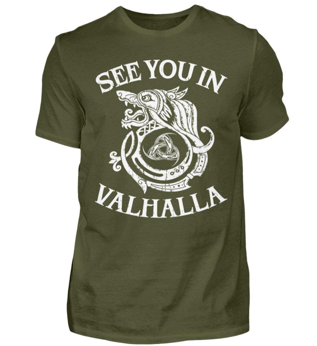Wikinger-Shirt "See You In Valhalla" mit Wolfsmotiv und Gjallarhorn - Nordic Viking Wear