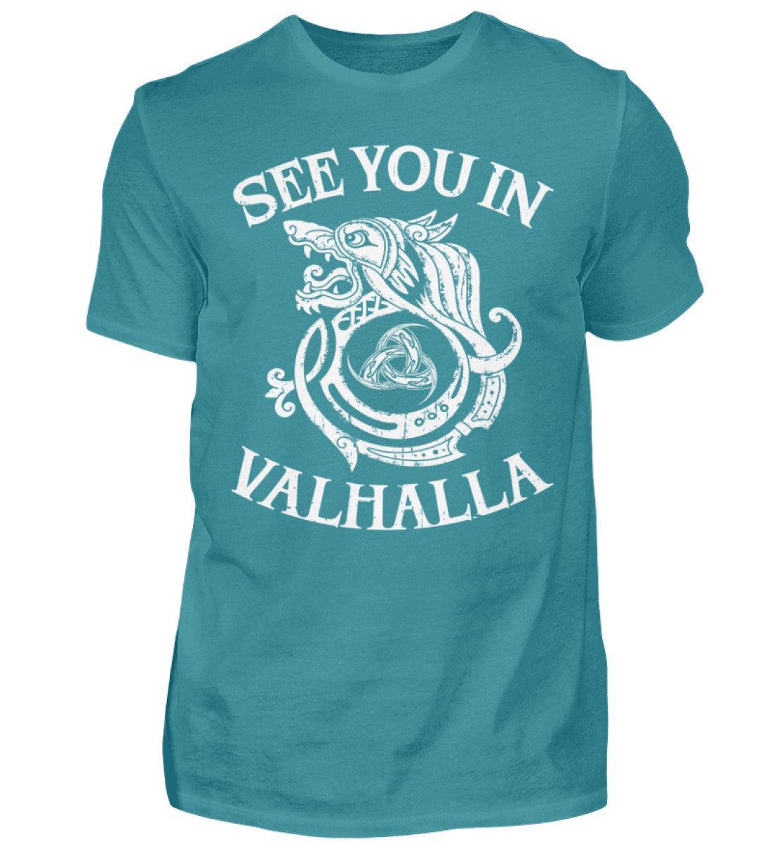 Wikinger-Shirt "See You In Valhalla" mit Wolfsmotiv und Gjallarhorn - Nordic Viking Wear