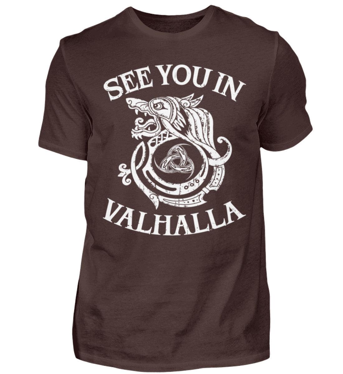 Wikinger-Shirt "See You In Valhalla" mit Wolfsmotiv und Gjallarhorn - Nordic Viking Wear