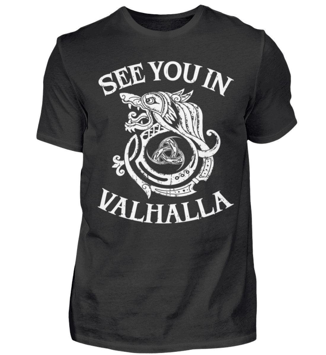Wikinger-Shirt "See You In Valhalla" mit Wolfsmotiv und Gjallarhorn - Nordic Viking Wear