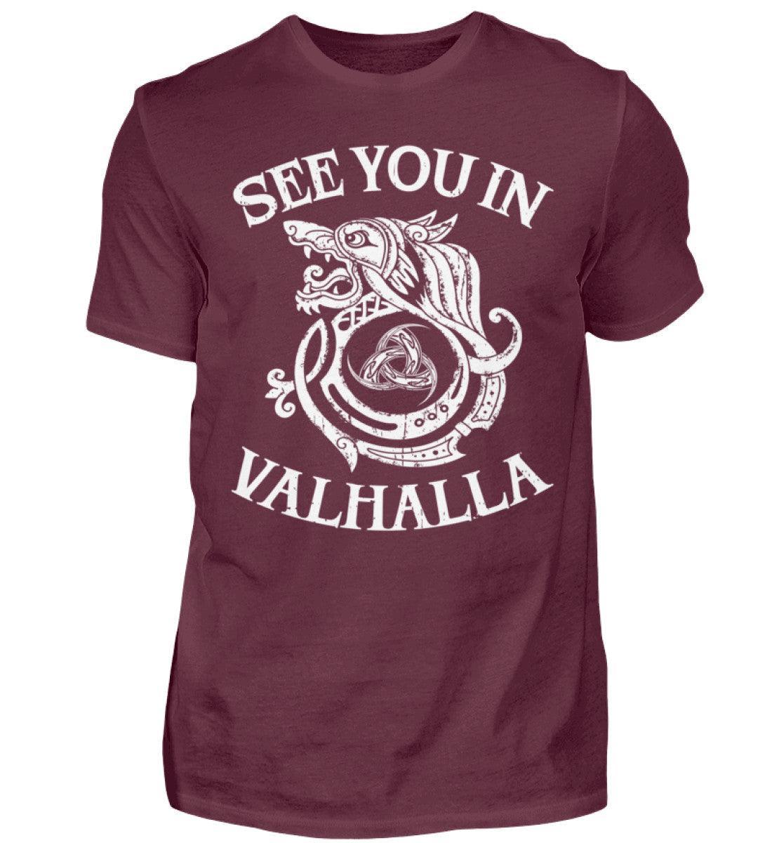 Wikinger-Shirt "See You In Valhalla" mit Wolfsmotiv und Gjallarhorn - Nordic Viking Wear