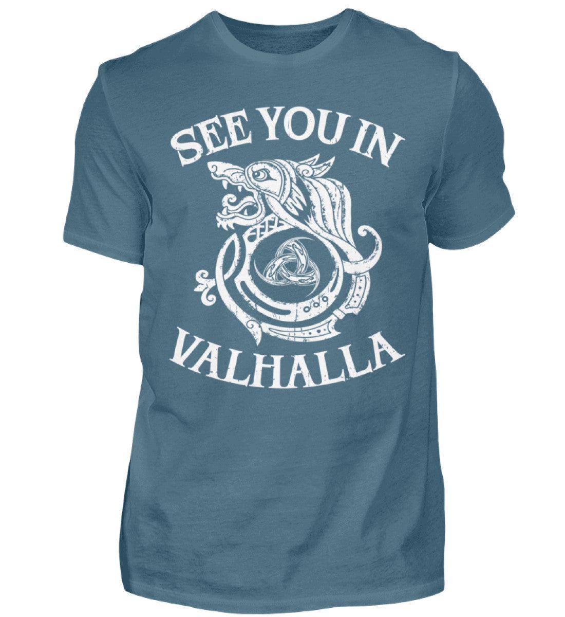 Wikinger-Shirt "See You In Valhalla" mit Wolfsmotiv und Gjallarhorn - Nordic Viking Wear