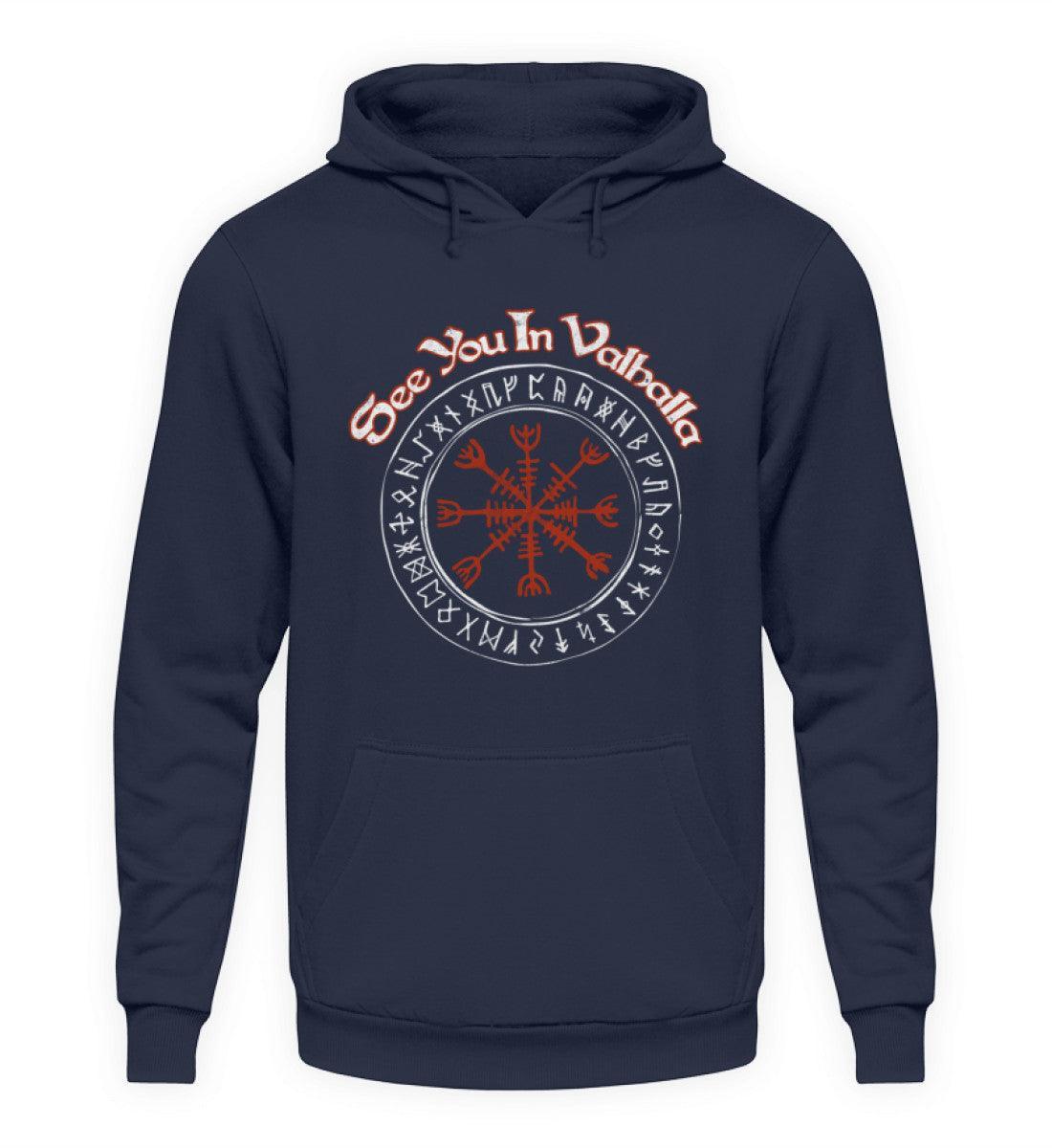 Wikinger Hoodie - "See You In Valhalla" Design mit Helm Of Awe (Ægishjálmr) - Nordic Viking Wear