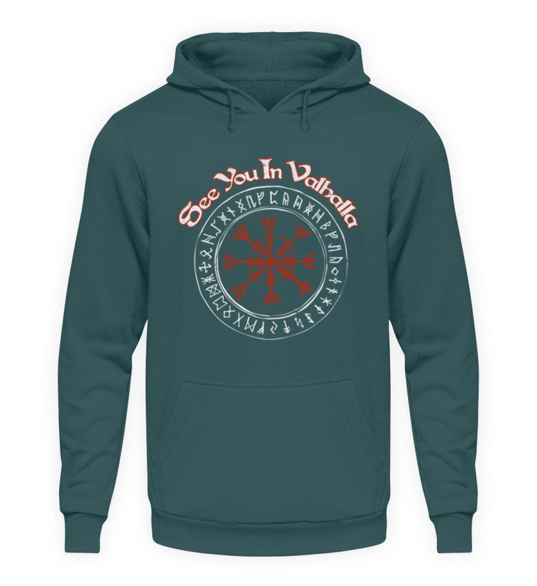Wikinger Hoodie - "See You In Valhalla" Design mit Helm Of Awe (Ægishjálmr) - Nordic Viking Wear