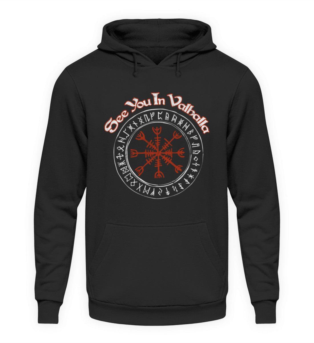 Wikinger Hoodie - "See You In Valhalla" Design mit Helm Of Awe (Ægishjálmr) - Nordic Viking Wear