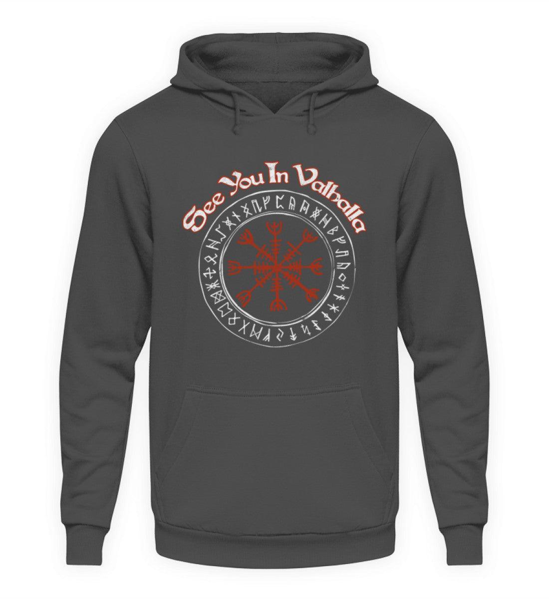 Wikinger Hoodie - "See You In Valhalla" Design mit Helm Of Awe (Ægishjálmr) - Nordic Viking Wear