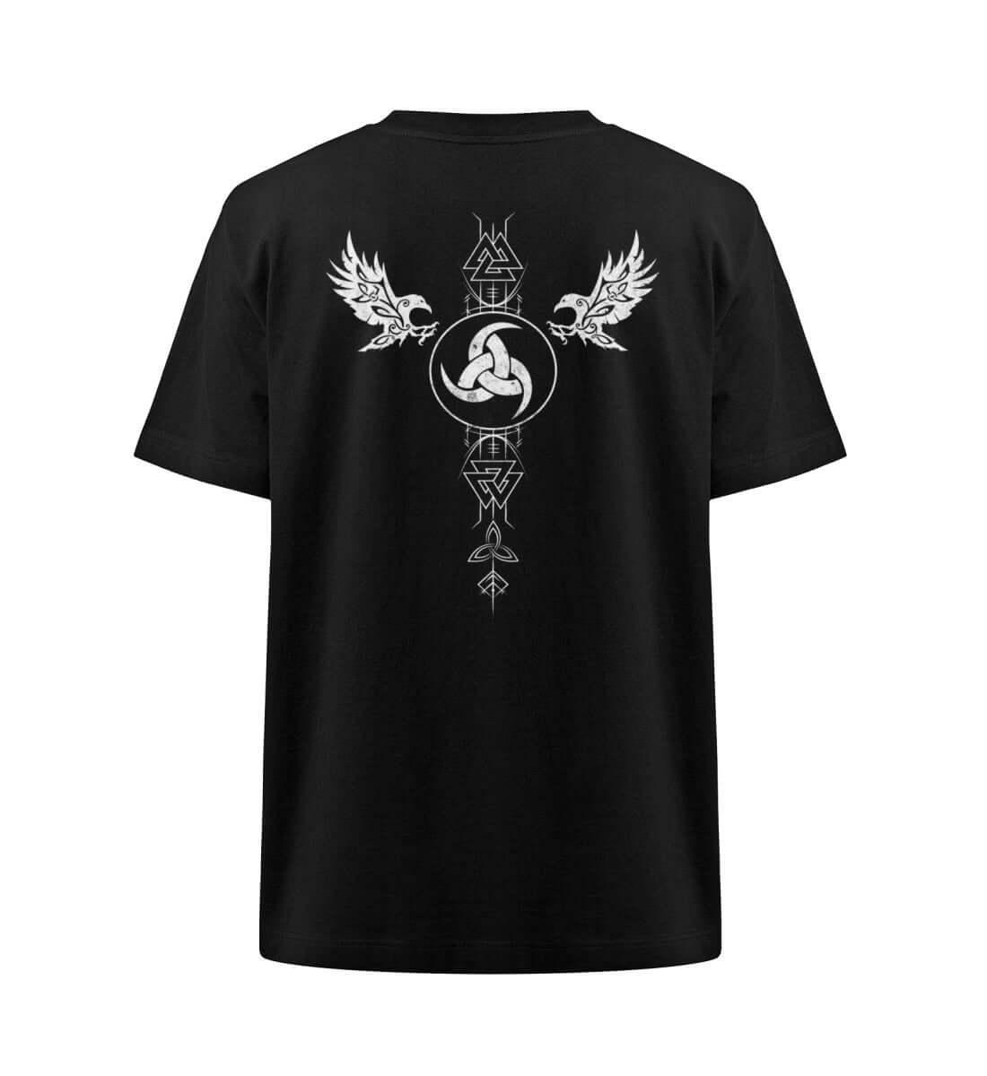 Odins Gjallarhorn Wikinger Backprint Oversized Shirt – Mystisches Valknut- und Rabendesign - Nordic Viking Wear