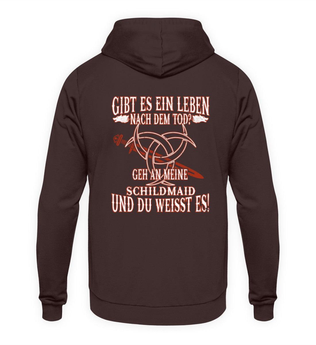 Lustiger Wikinger Hoodie Backside "Gibt es ein Leben nach dem Tod? Geh an meine Schildmaid und du weißt es!" - Nordic Viking Wear