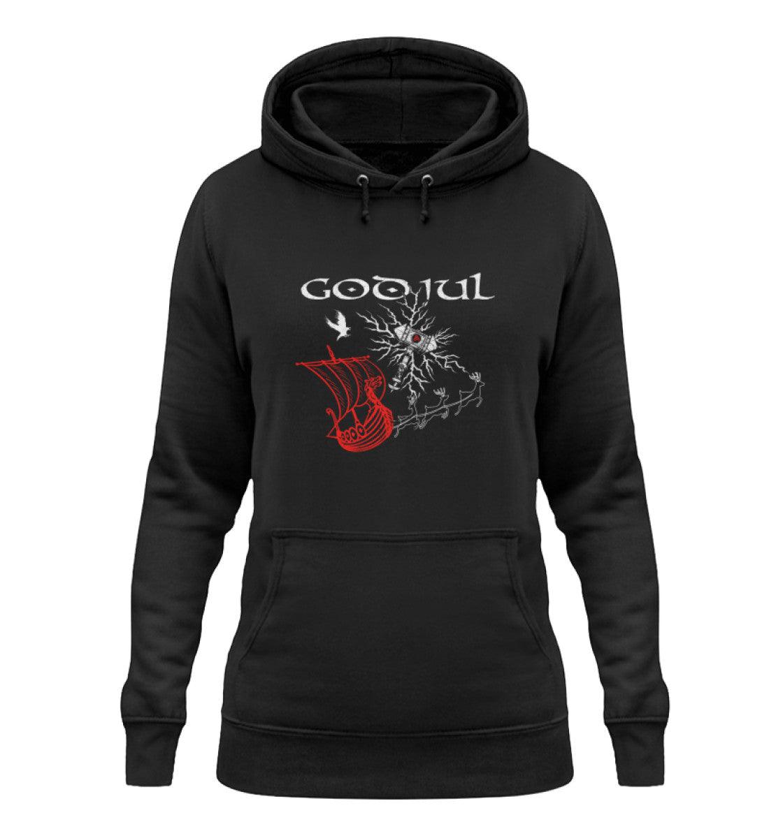 Schildmaiden Weihnachts-Hoodie – God Jul Design mit Thors Hammer & Drachenboot - Nordic Viking Wear
