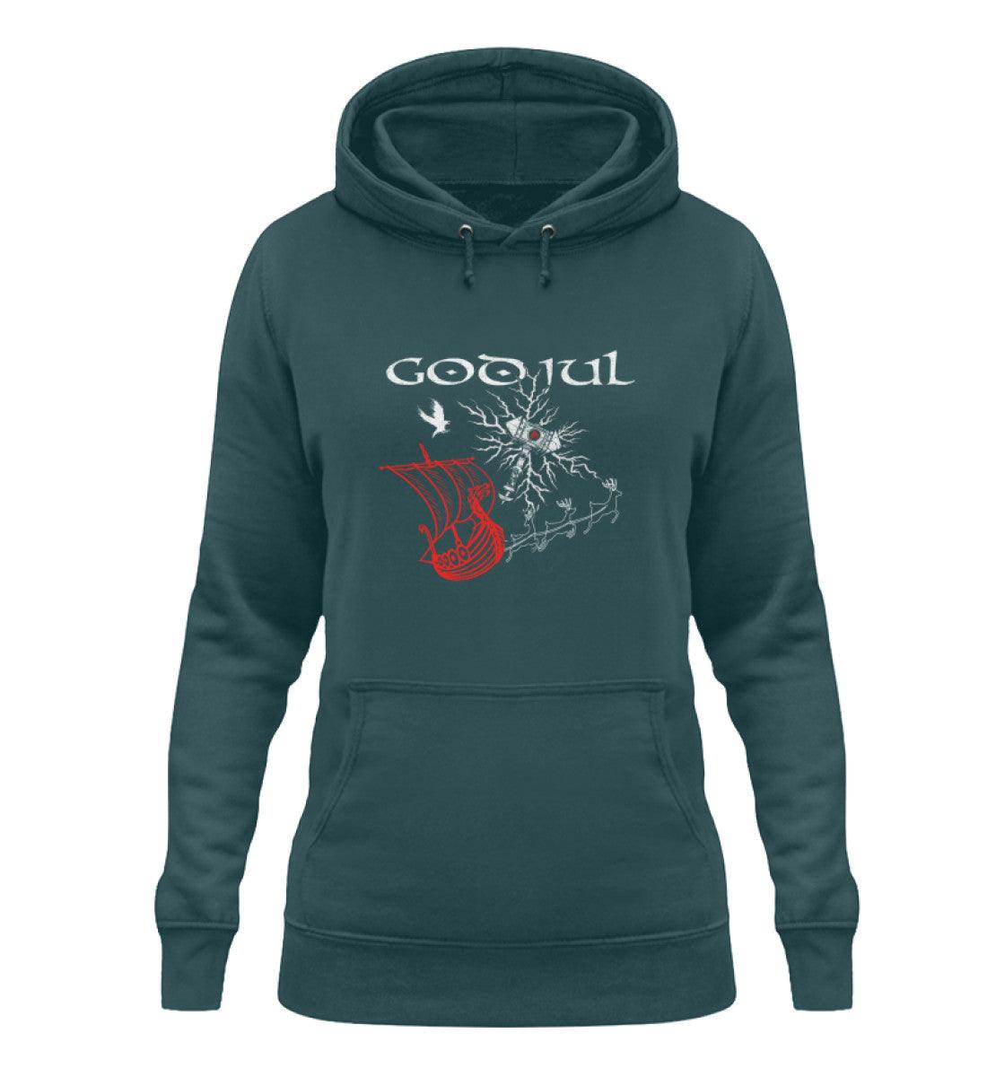 Schildmaiden Weihnachts-Hoodie – God Jul Design mit Thors Hammer & Drachenboot - Nordic Viking Wear