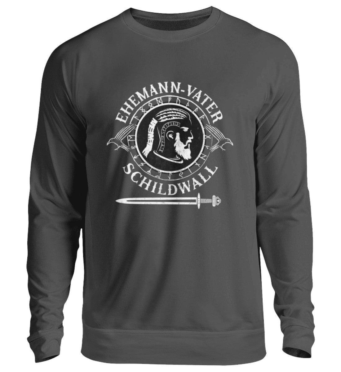 Wikinger Sweatshirt Ehemann Vater Schildwall - Grauer Unisex Pullover mit einzigartigem Wikinger-Motiv und Schwertergrafik.