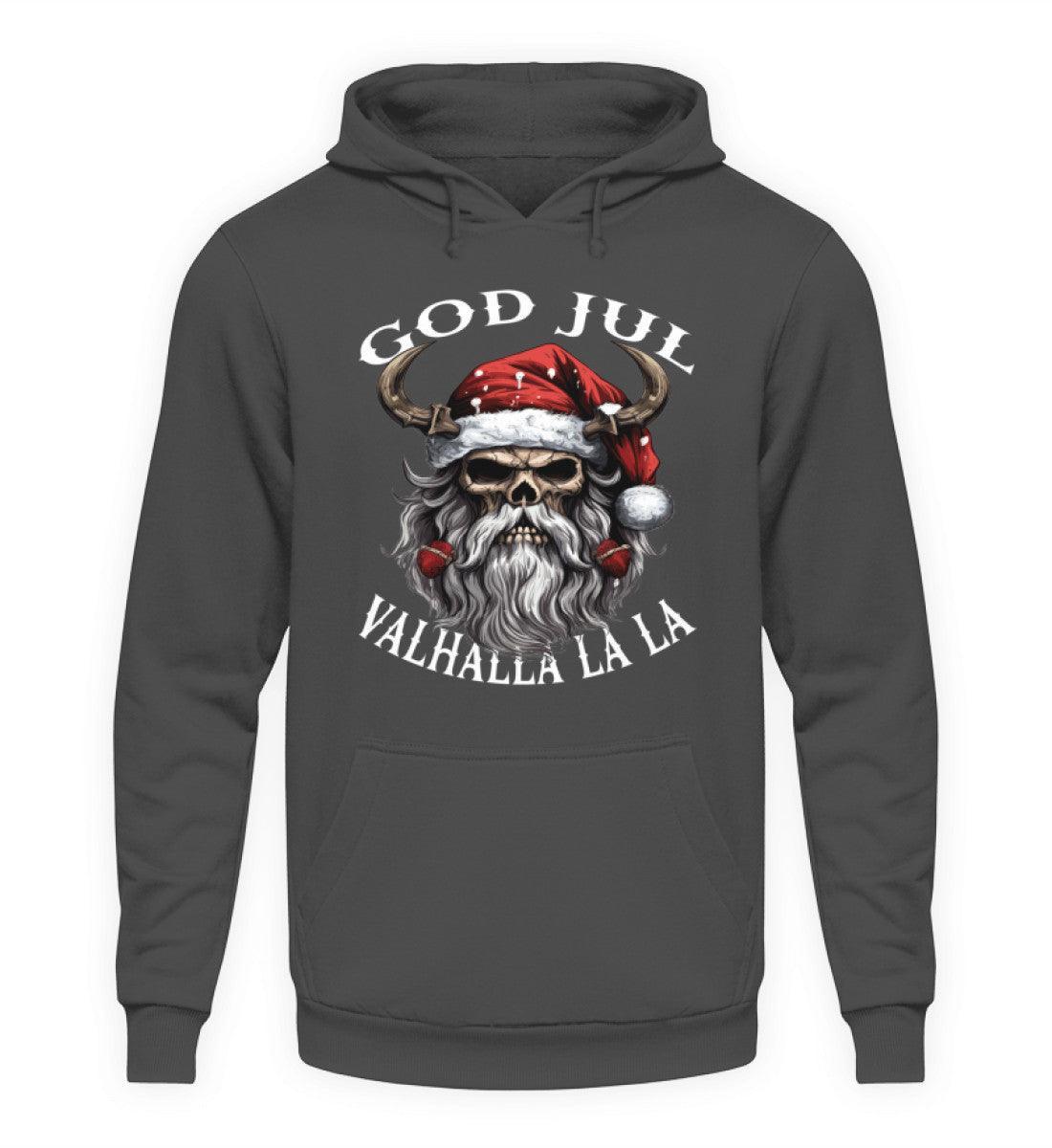 Lustiger Wikinger Weihnachts-Hoodie "God Jul Valhalla La La" – Wikingerschädel mit festlicher Weihnachtsmütze - Nordic Viking Wear