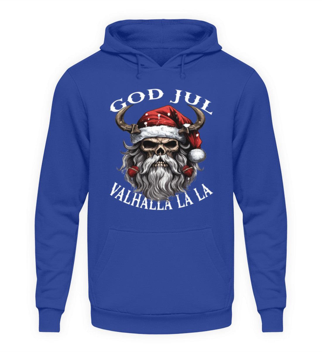 Lustiger Wikinger Weihnachts-Hoodie "God Jul Valhalla La La" – Wikingerschädel mit festlicher Weihnachtsmütze - Nordic Viking Wear