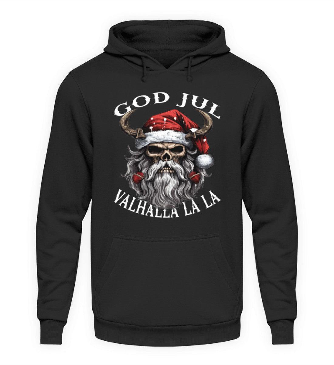 Lustiger Wikinger Weihnachts-Hoodie "God Jul Valhalla La La" – Wikingerschädel mit festlicher Weihnachtsmütze - Nordic Viking Wear