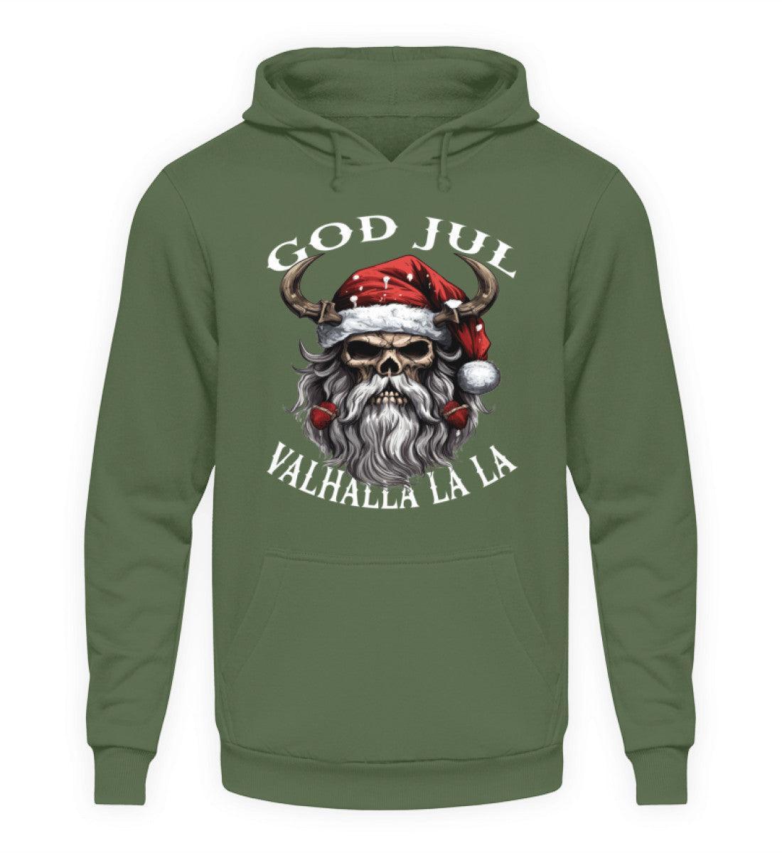 Lustiger Wikinger Weihnachts-Hoodie "God Jul Valhalla La La" – Wikingerschädel mit festlicher Weihnachtsmütze - Nordic Viking Wear
