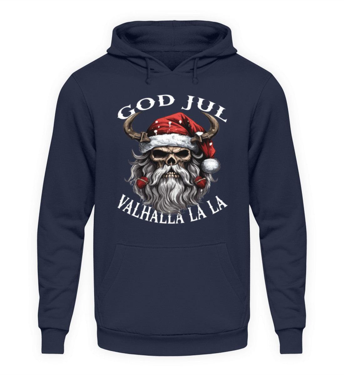 Lustiger Wikinger Weihnachts-Hoodie "God Jul Valhalla La La" – Wikingerschädel mit festlicher Weihnachtsmütze - Nordic Viking Wear