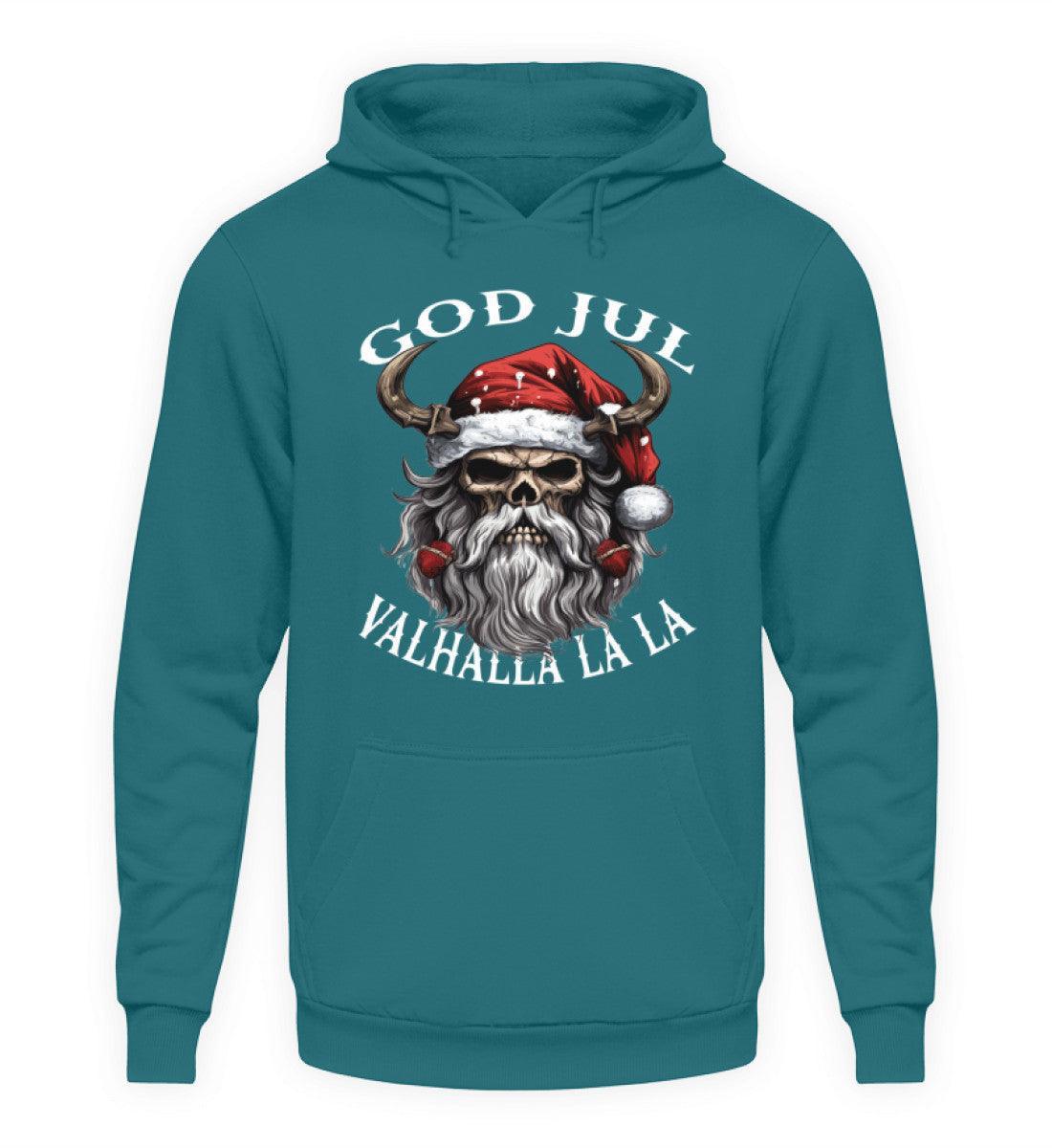 Lustiger Wikinger Weihnachts-Hoodie "God Jul Valhalla La La" – Wikingerschädel mit festlicher Weihnachtsmütze - Nordic Viking Wear