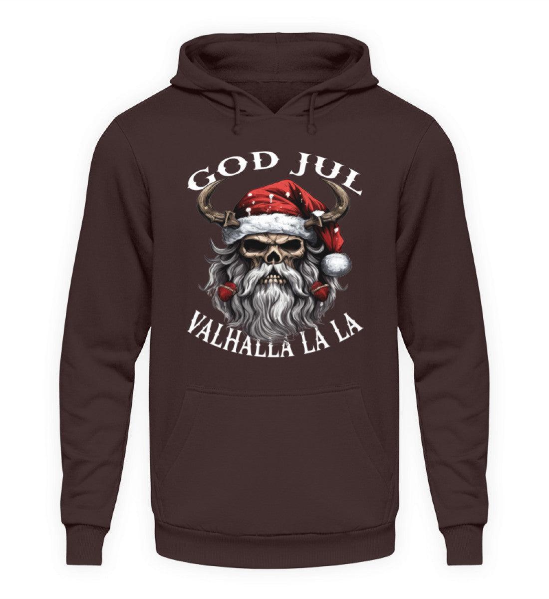 Lustiger Wikinger Weihnachts-Hoodie "God Jul Valhalla La La" – Wikingerschädel mit festlicher Weihnachtsmütze - Nordic Viking Wear
