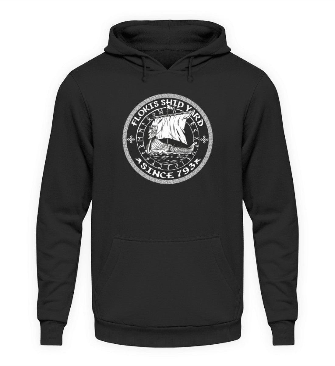 Wikinger Hoodie "Flokis Ship Yard" – Mit prächtigem Wikingerschiff und mystischem Runenkreis - Nordic Viking Wear