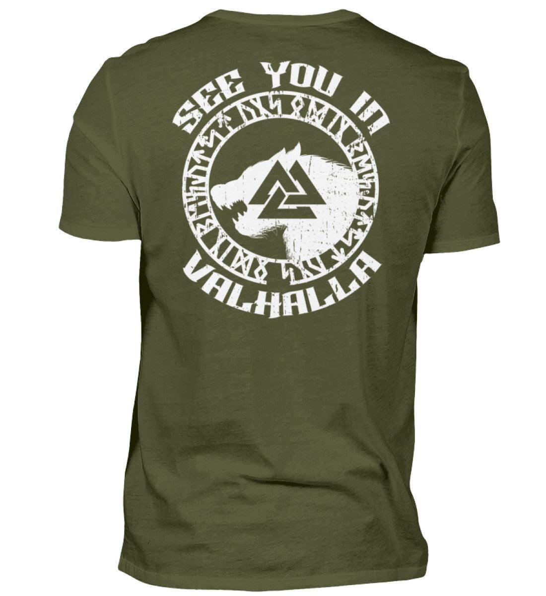 See You in Valhalla" Wikinger Backprint T-Shirt - Nordischer Krieger Wolf Design - Valhalla Ruf Shirt - Nordic Viking Wear