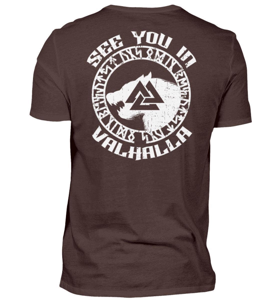 See You in Valhalla" Wikinger Backprint T-Shirt - Nordischer Krieger Wolf Design - Valhalla Ruf Shirt - Nordic Viking Wear