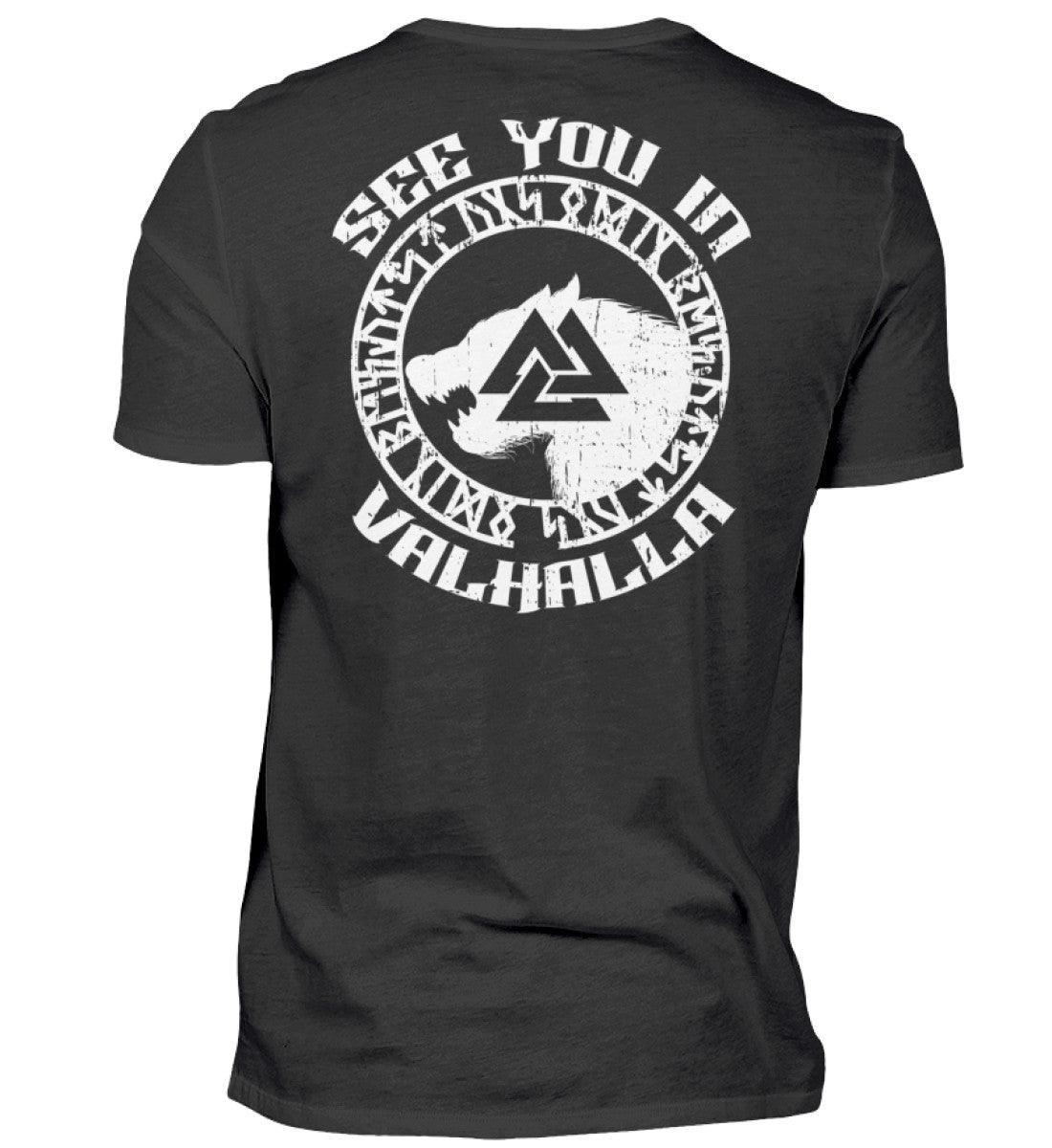 See You in Valhalla" Wikinger Backprint T-Shirt - Nordischer Krieger Wolf Design - Valhalla Ruf Shirt - Nordic Viking Wear