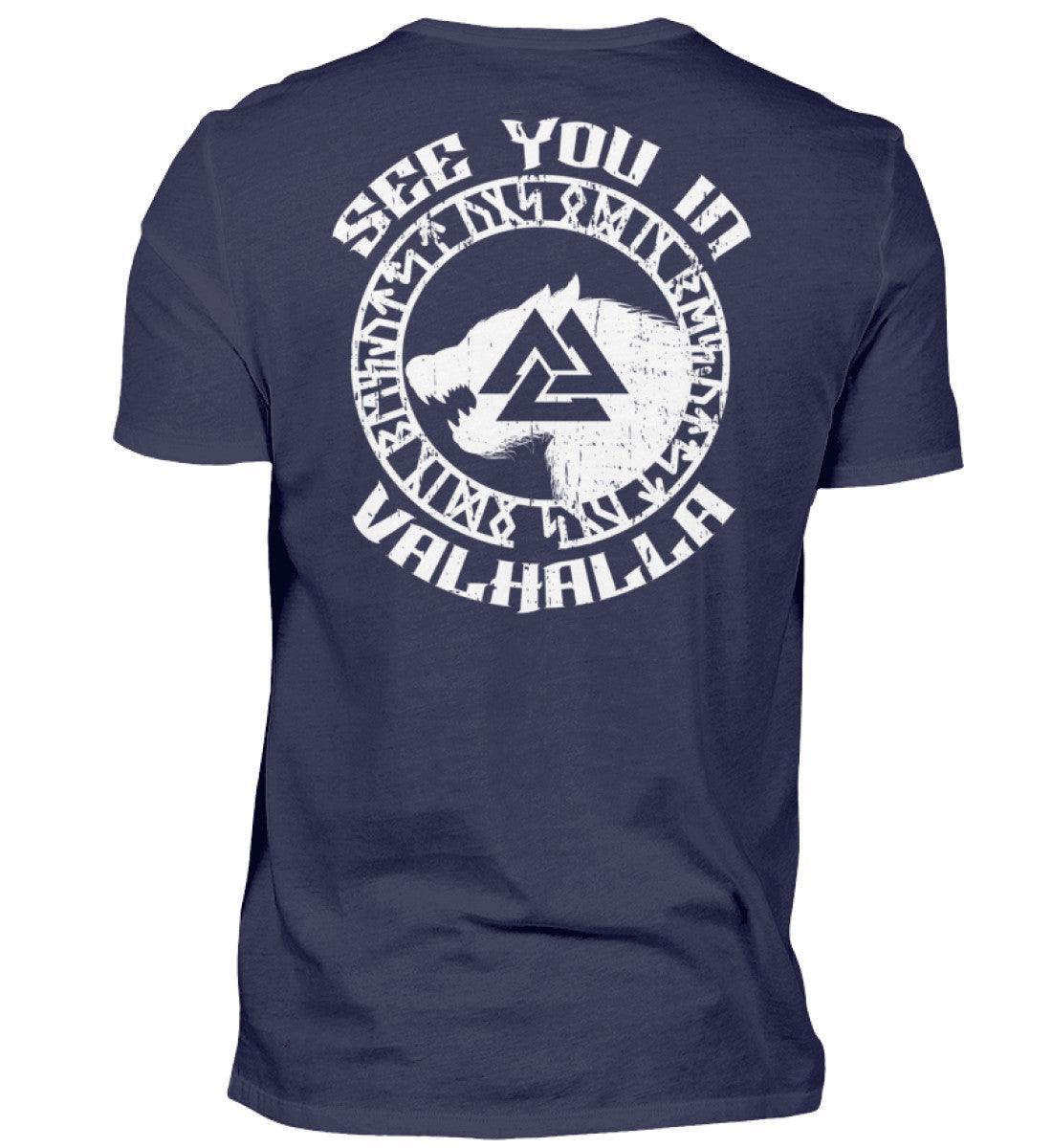 See You in Valhalla" Wikinger Backprint T-Shirt - Nordischer Krieger Wolf Design - Valhalla Ruf Shirt - Nordic Viking Wear