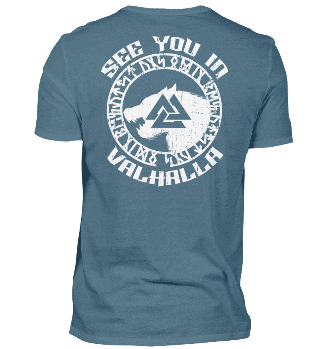 See You in Valhalla" Wikinger Backprint T-Shirt - Nordischer Krieger Wolf Design - Valhalla Ruf Shirt - Nordic Viking Wear
