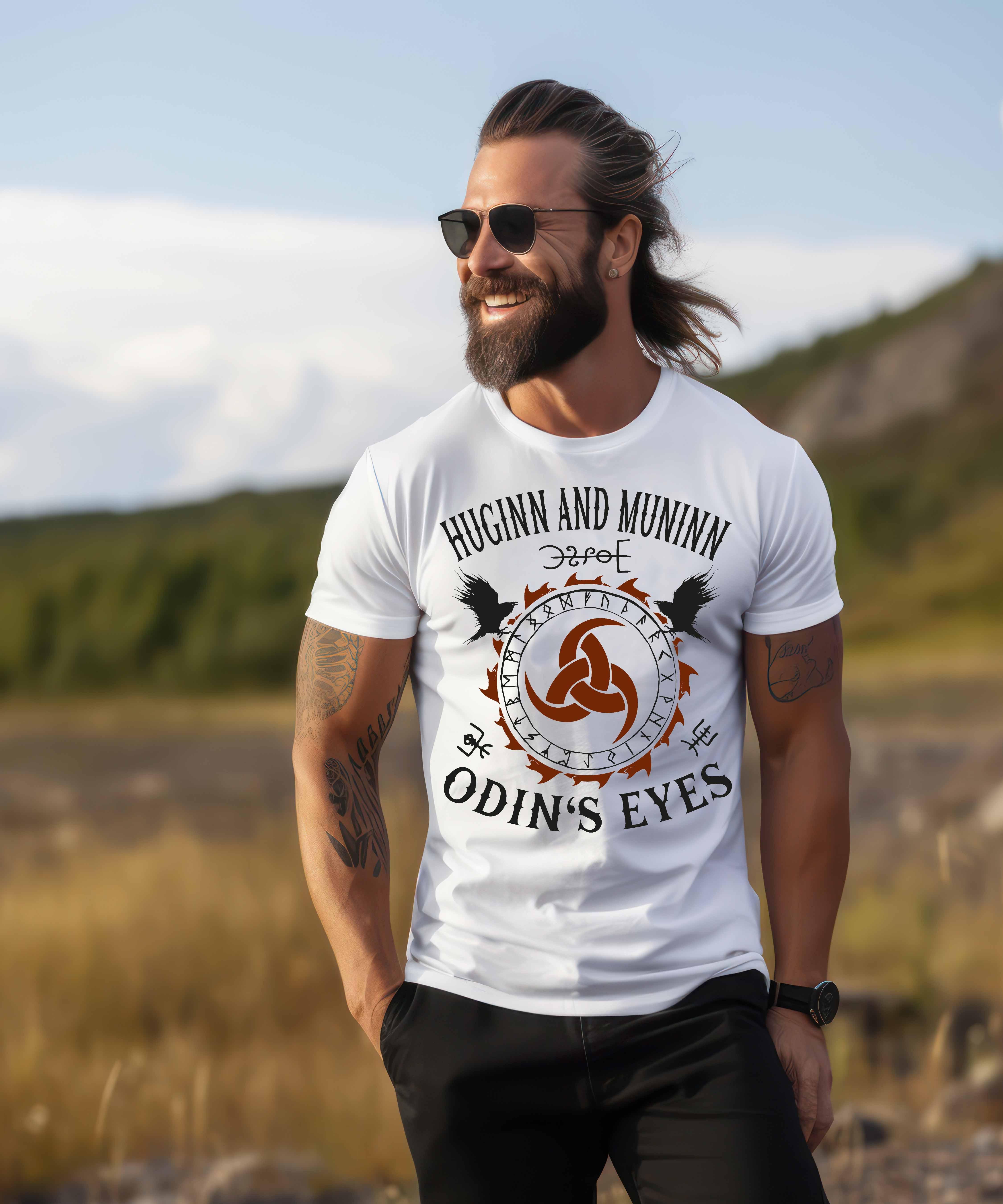 Wikinger Premium T-Shirt | Huginn und Muninn, Odins Augen | Mit Odins Gjallarhorn & Runenkreis - Nordic Viking Wear