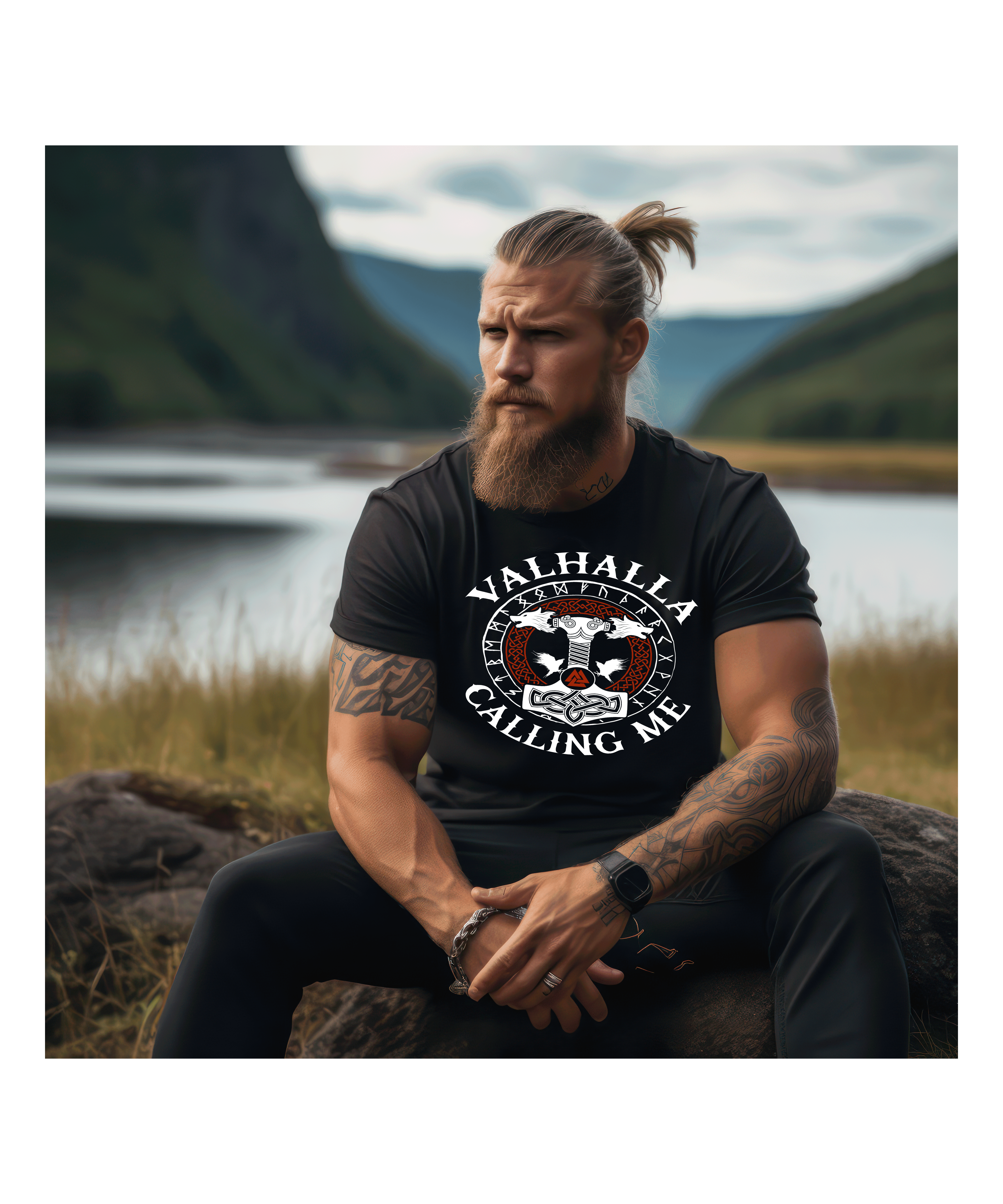 Wikinger Premium T-Shirt "Valhalla Calling Me" | Fenris Wolf & Thors Hammer Design - Nordic Viking Wear