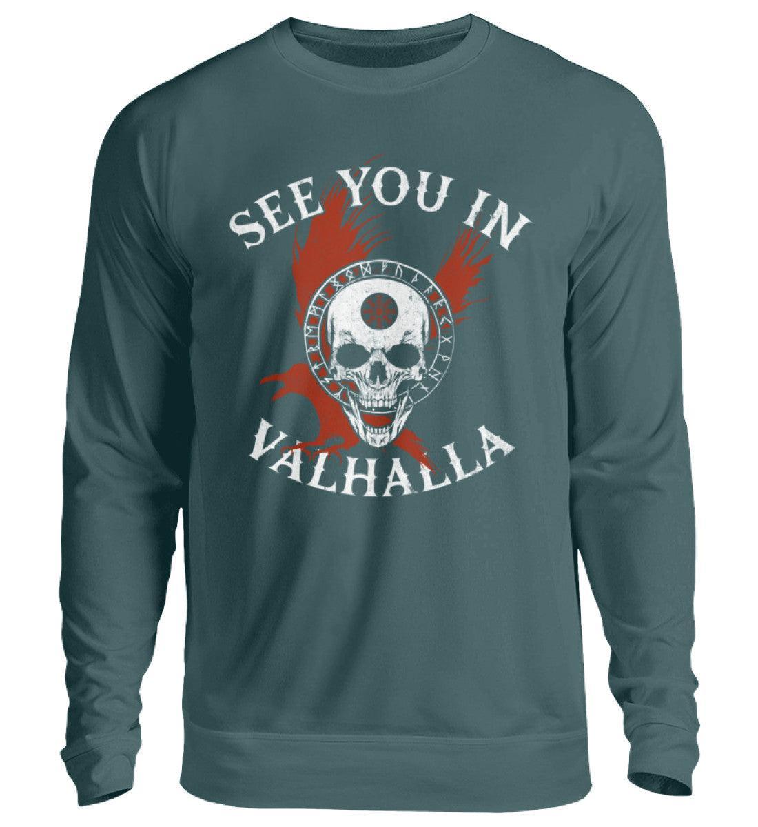 Wikinger-Sweatshirt "See You in Valhalla" mit Helm of Awe-Schädel - Nordic Viking Wear