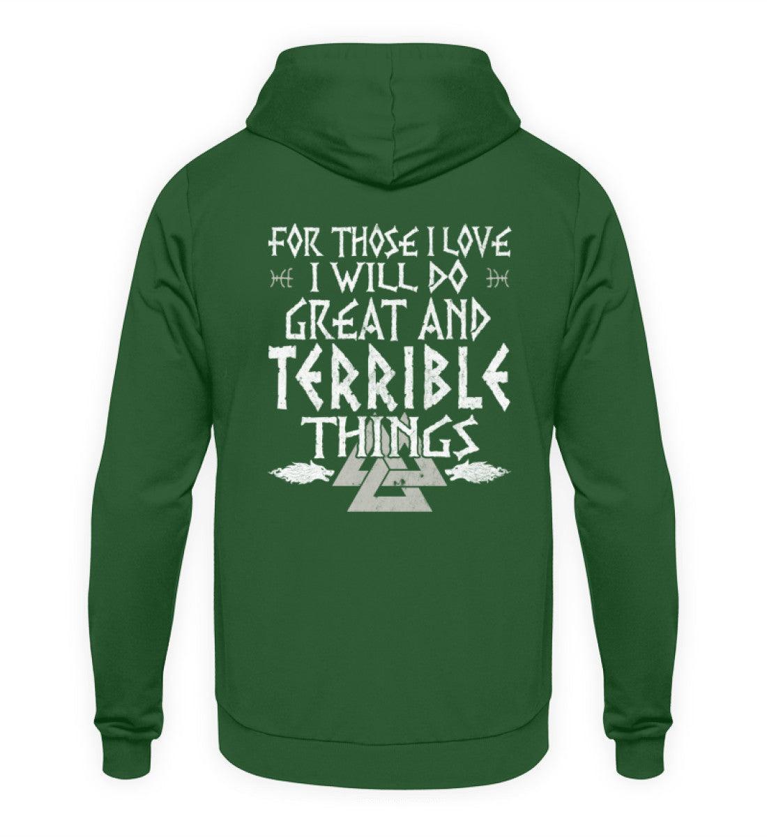 Wikinger-Hoodie "Große und schreckliche Taten" – Inspirierendes Nordisches Design mit Walknut-Symbol - Nordic Viking Wear