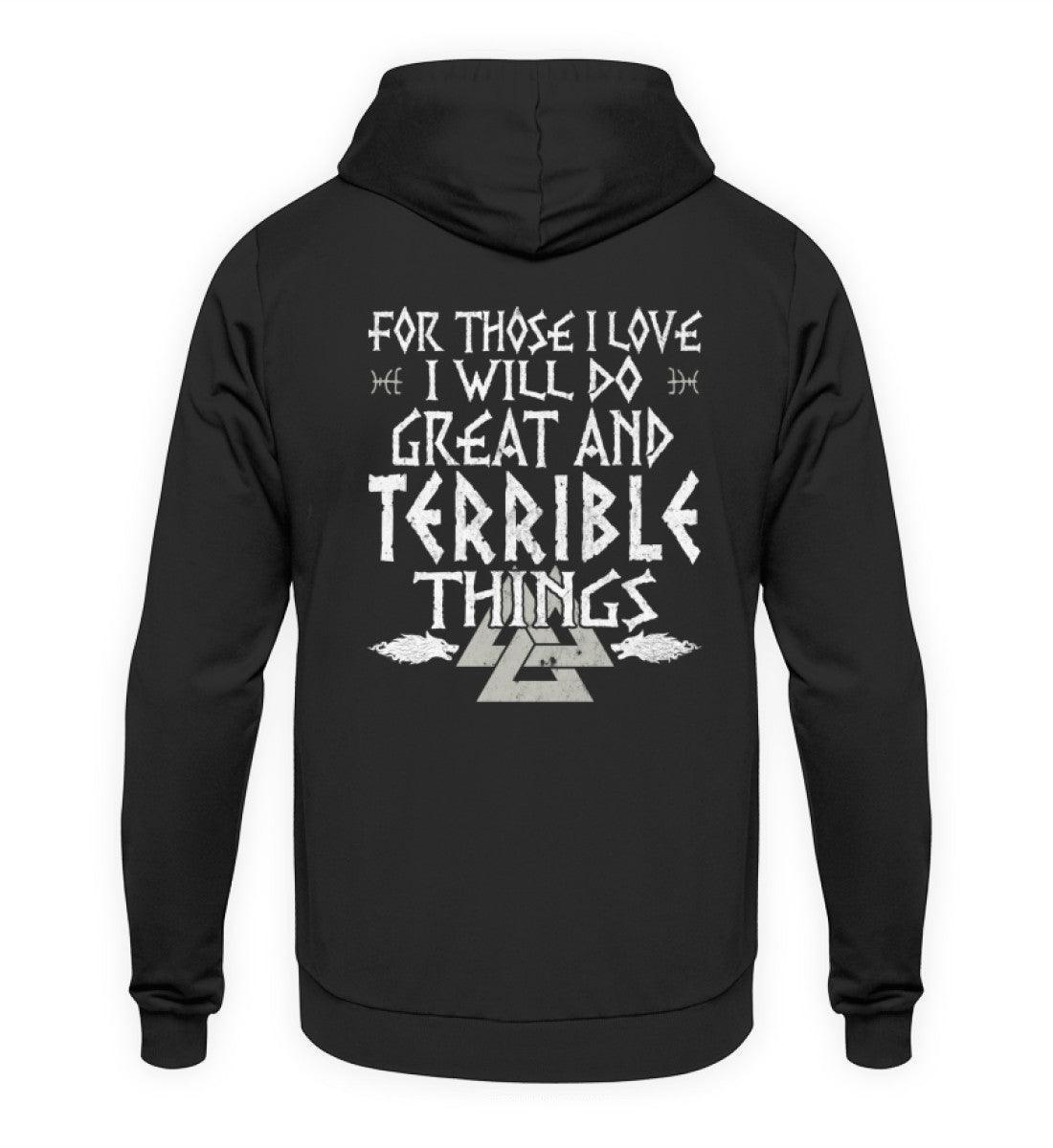 Wikinger-Hoodie "Große und schreckliche Taten" – Inspirierendes Nordisches Design mit Walknut-Symbol - Nordic Viking Wear
