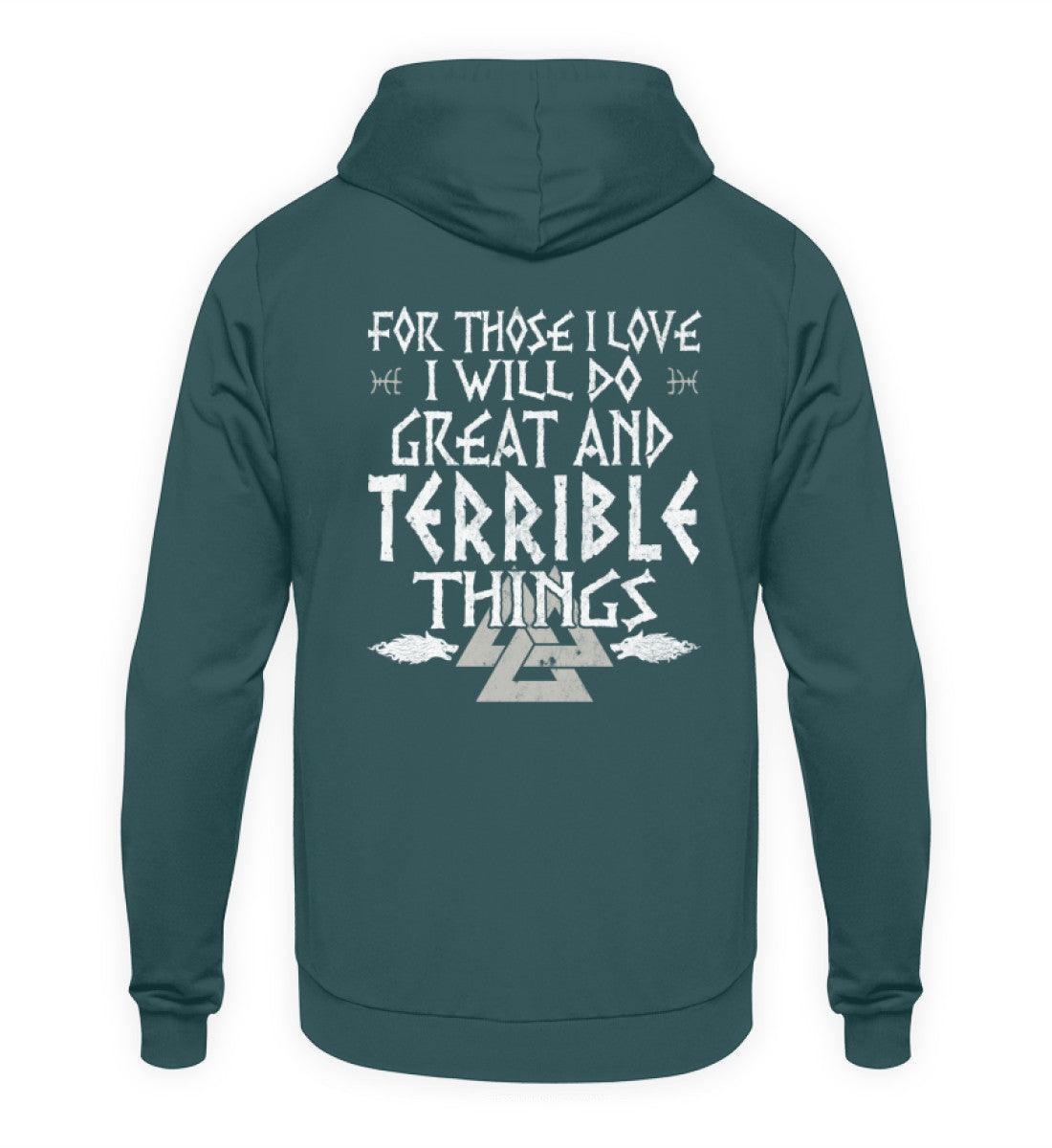 Wikinger-Hoodie "Große und schreckliche Taten" – Inspirierendes Nordisches Design mit Walknut-Symbol - Nordic Viking Wear