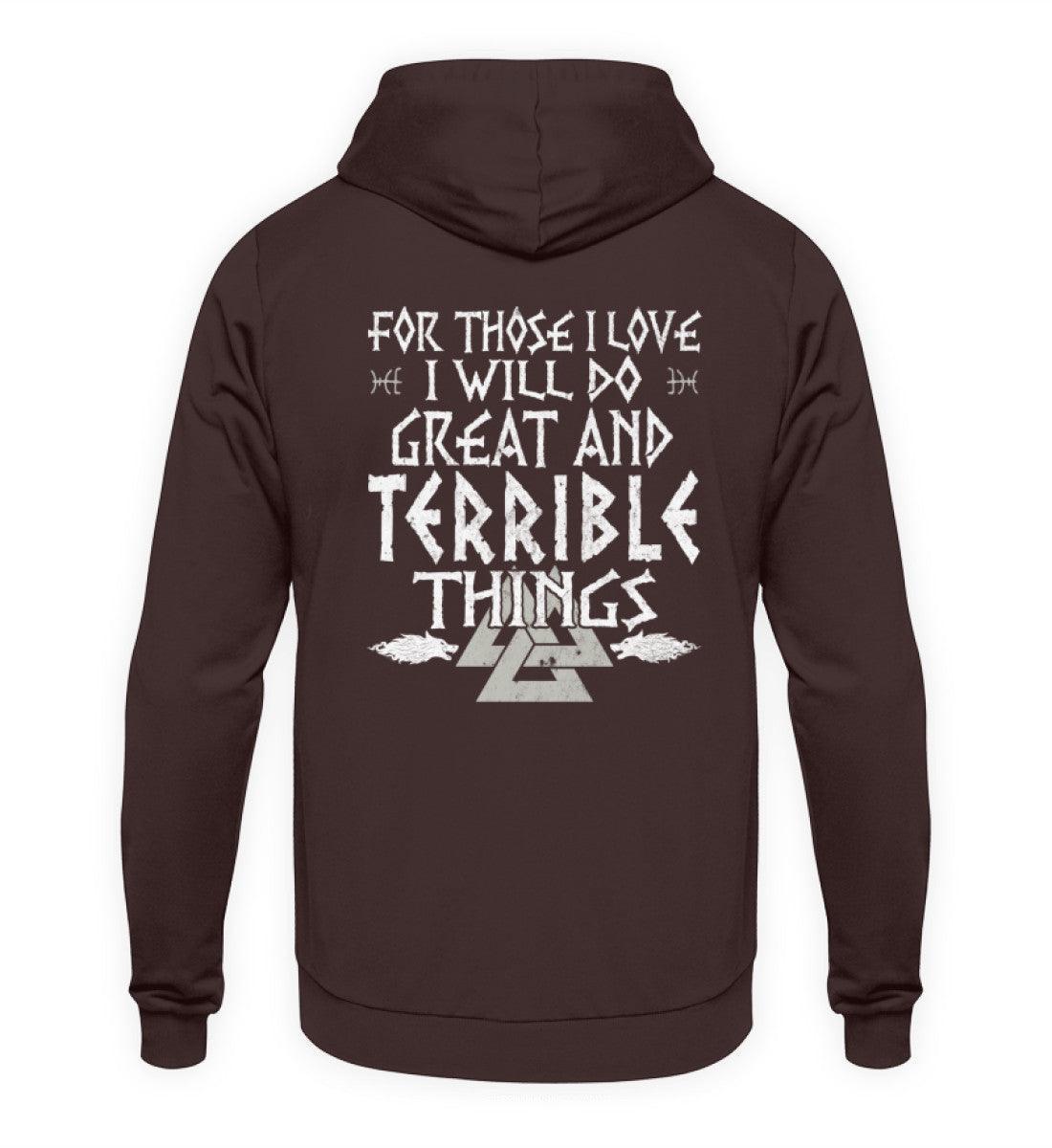 Wikinger-Hoodie "Große und schreckliche Taten" – Inspirierendes Nordisches Design mit Walknut-Symbol - Nordic Viking Wear