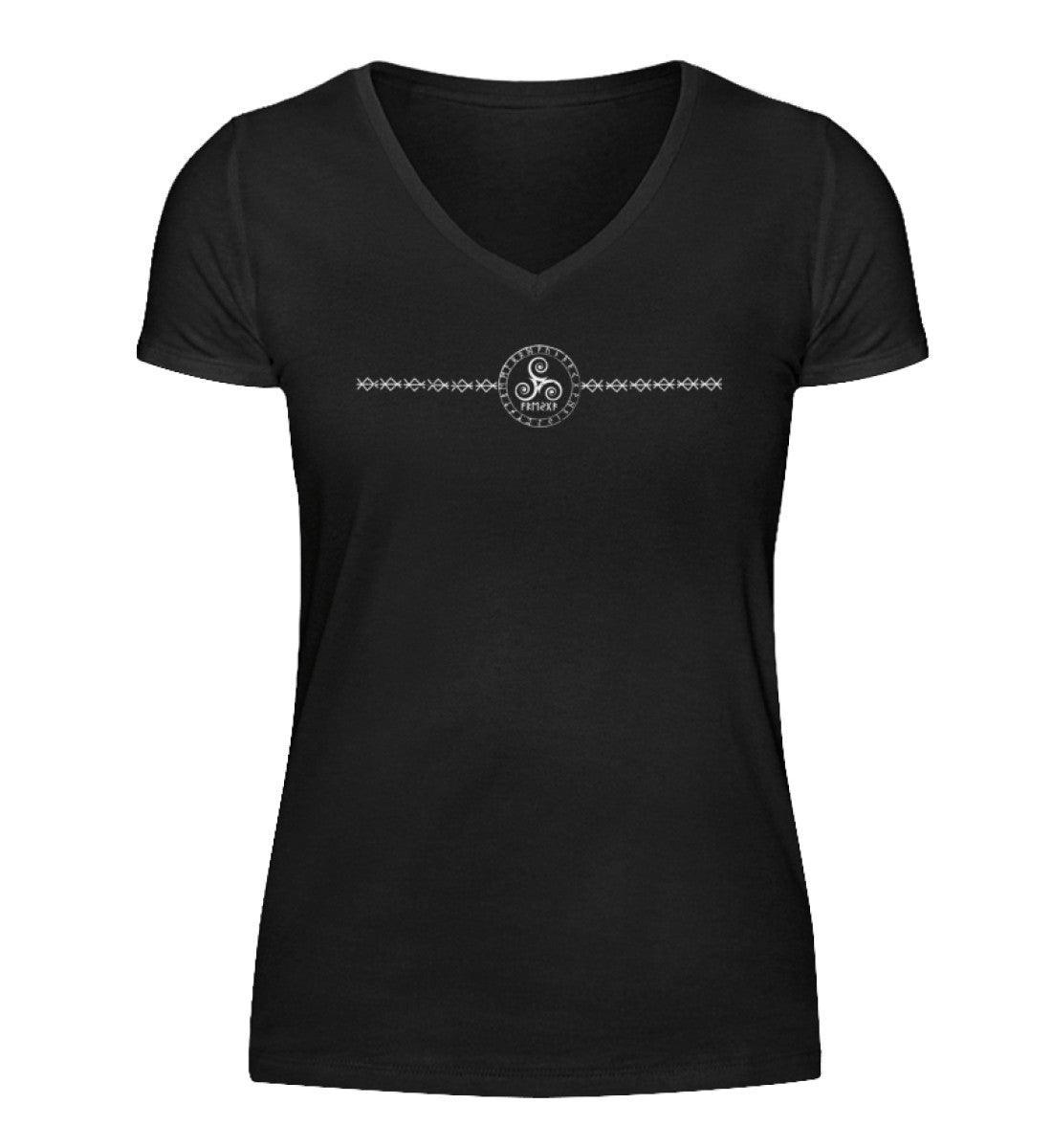 Schildmaiden V-Neck Shirt "Nordische Eleganz" – Mystisches Runendesign - Nordic Viking Wear