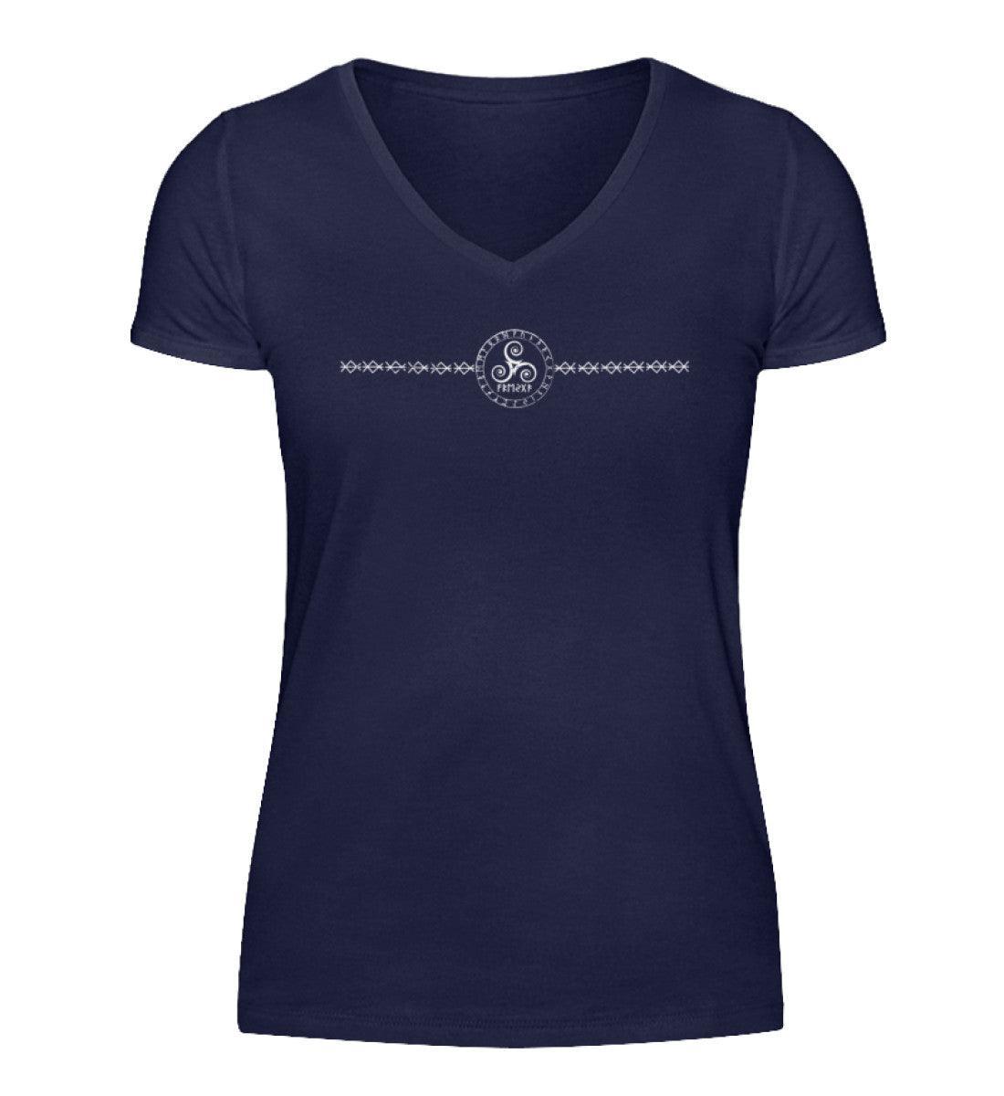 Schildmaiden V-Neck Shirt "Nordische Eleganz" – Mystisches Runendesign - Nordic Viking Wear