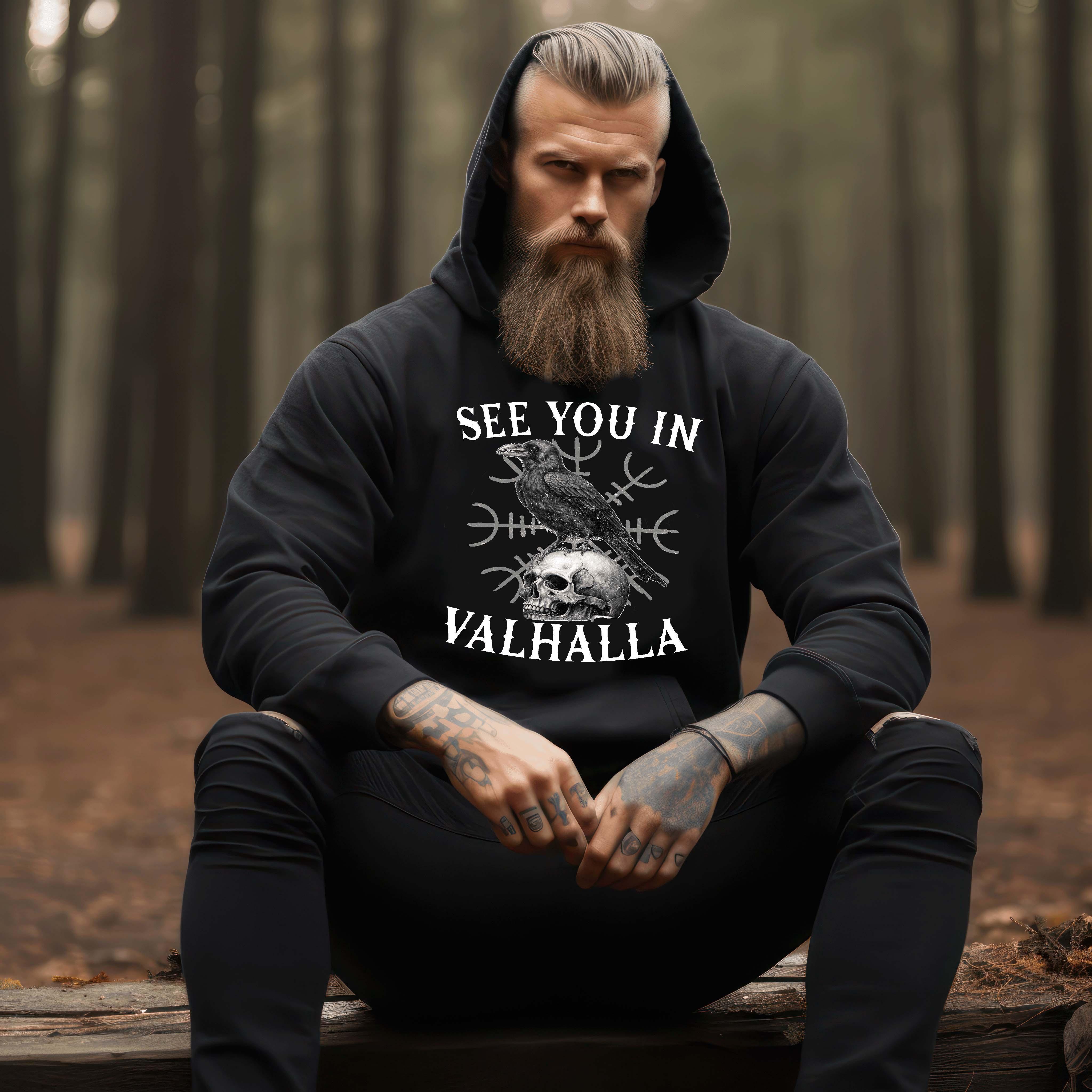 Wikinger Hoodie mit Helm Of Awe & Raben-Design - "See You In Valhalla" - Nordic Viking Wear