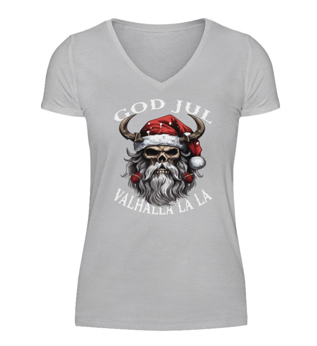 Weihnachtlicher God Jul Schildmaiden V-Neck: Wikinger-Schädel mit Weihnachtsmütze Design - Nordic Viking Wear