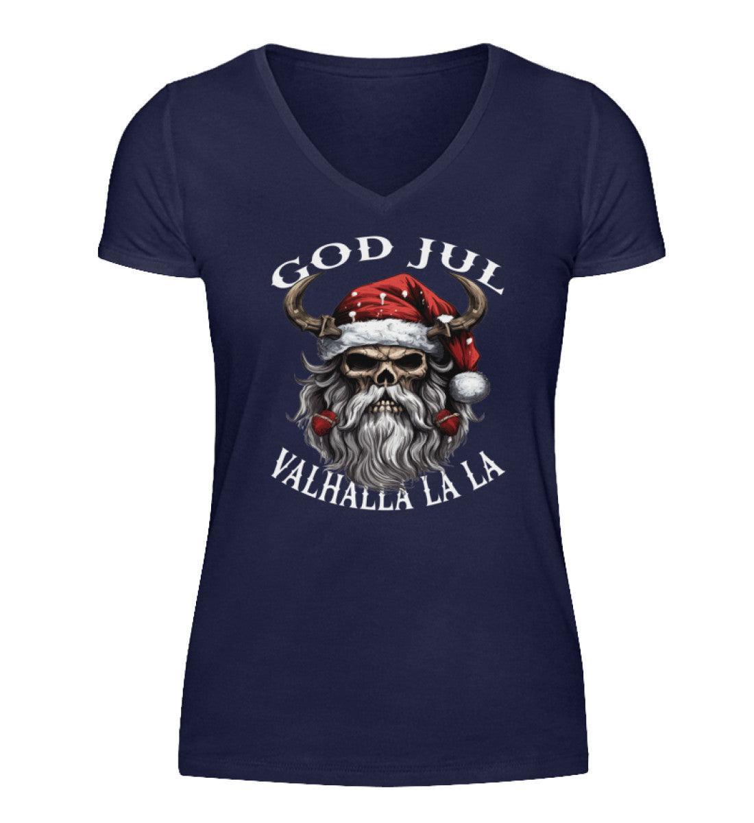 Weihnachtlicher God Jul Schildmaiden V-Neck: Wikinger-Schädel mit Weihnachtsmütze Design - Nordic Viking Wear