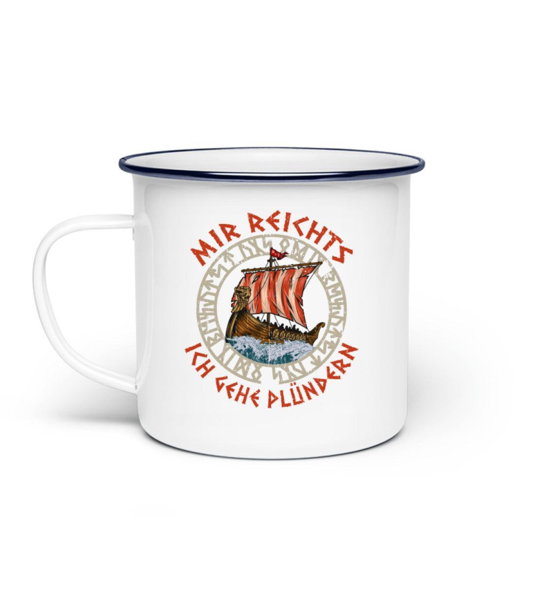 Weiße Wikinger Emaille Tasse – Drachenboot, Runenkreis & "Mir reicht's, ich gehe plündern"! - Nordic Viking Wear