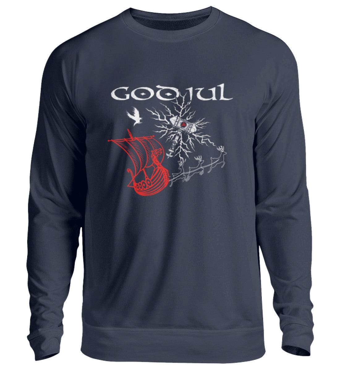 Wikinger Weihnachts-Sweatshirt – God Jul Design mit Thors Hammer & Drachenboot - Nordic Viking Wear