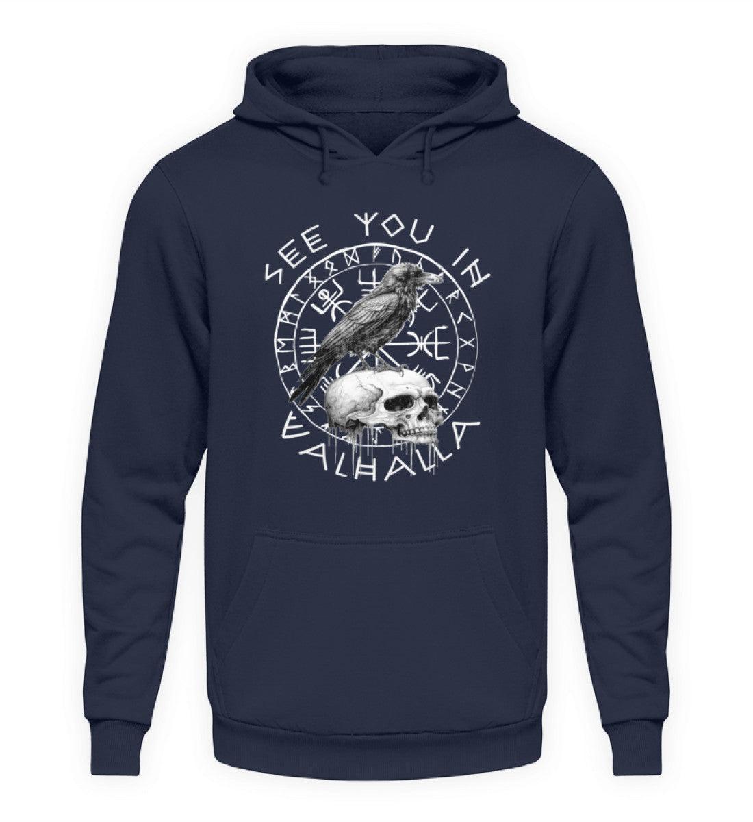 Wikinger Hoodie mit Vegvisir, Runenkreis & Raben-Motiv - "See You In Valhalla" - Nordic Viking Wear