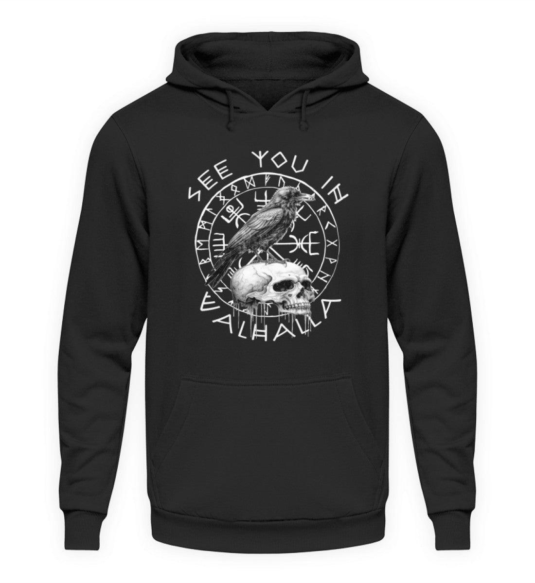 Wikinger Hoodie mit Vegvisir, Runenkreis & Raben-Motiv - "See You In Valhalla" - Nordic Viking Wear